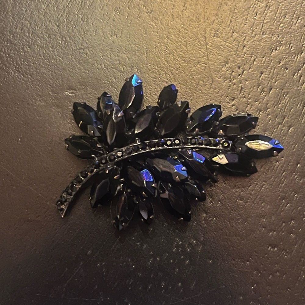Vintage Jet Black Rhinestone Leaf Brooch